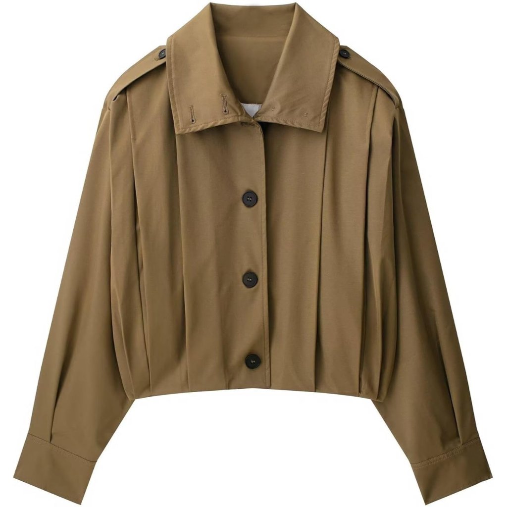 Women’s Cropped Pleated Jacket Casual Lapel Collar Long Sleeve Button Down Outer